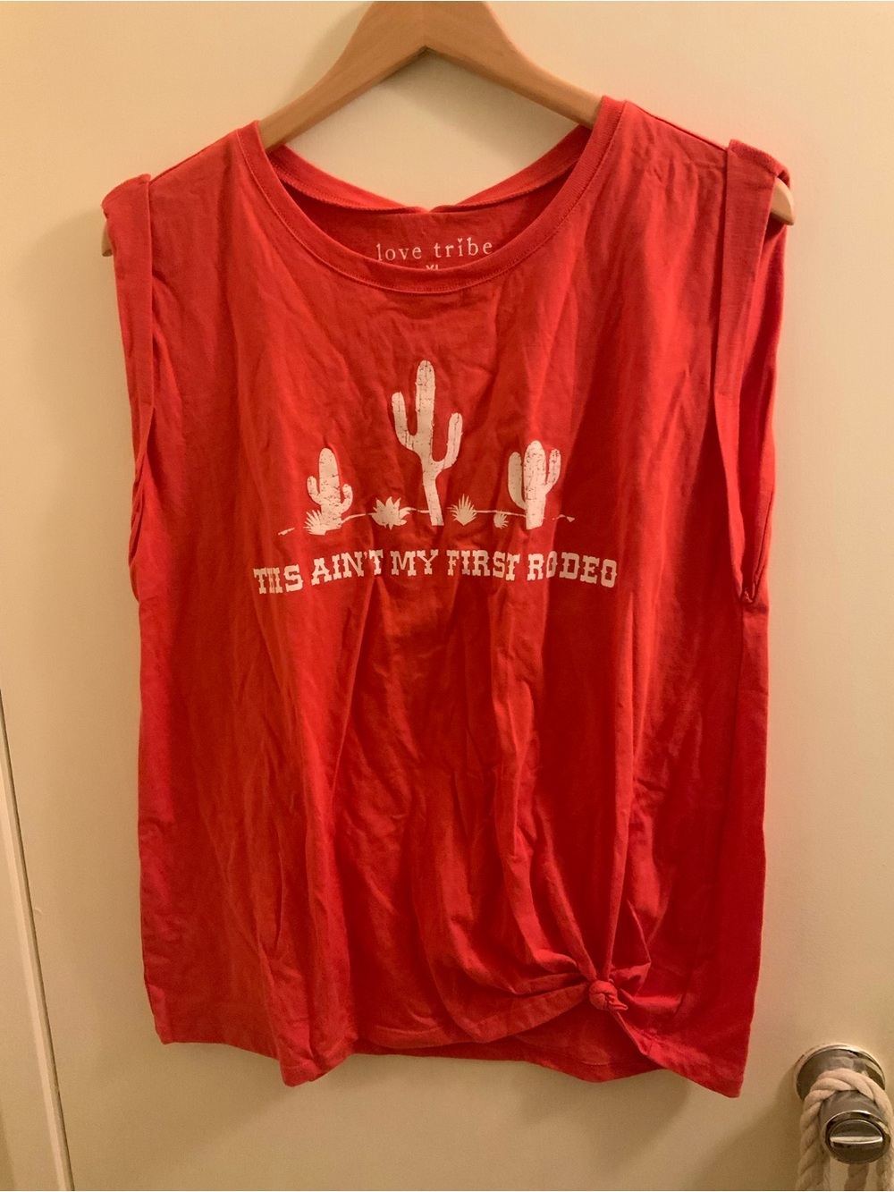Love Tribe Red Graphic Muscle Tank with White Cactus Print